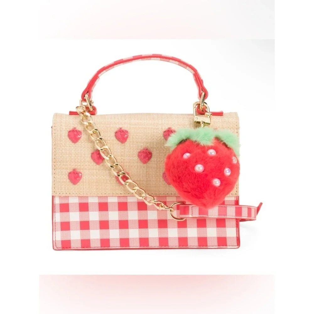 Betsey Johnson Strawberry Gingham Satchel Crossbody Bag Purse w/ Faux Fur Charm